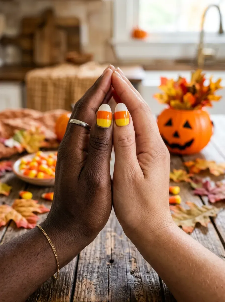 Two accent nails together forming one candy corn shape split into yellow orange and white bands on deep brown skin and rich dark skin tone