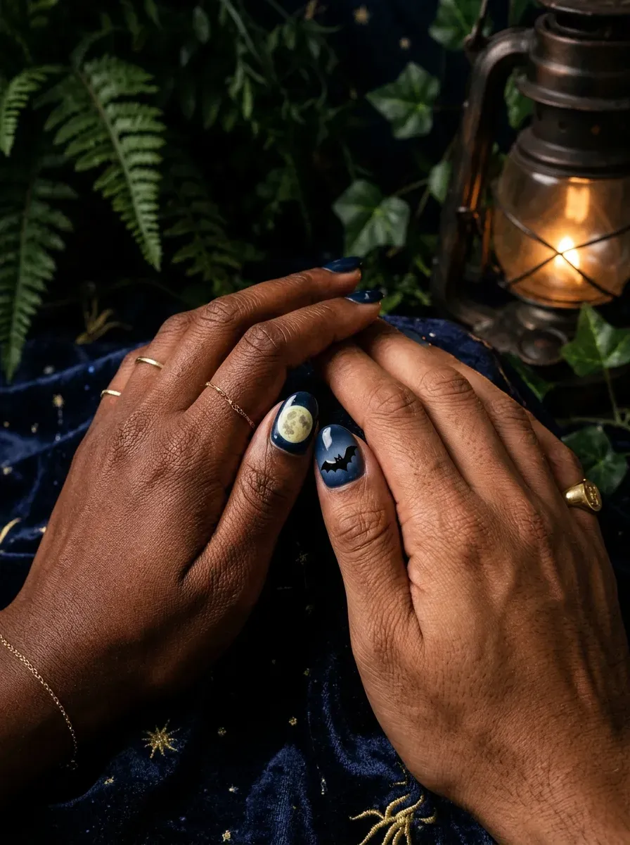 One accent nail with a painted full moon and the matching accent nail with a black bat silhouette flying across it on deep chestnut skin and warm brown skin