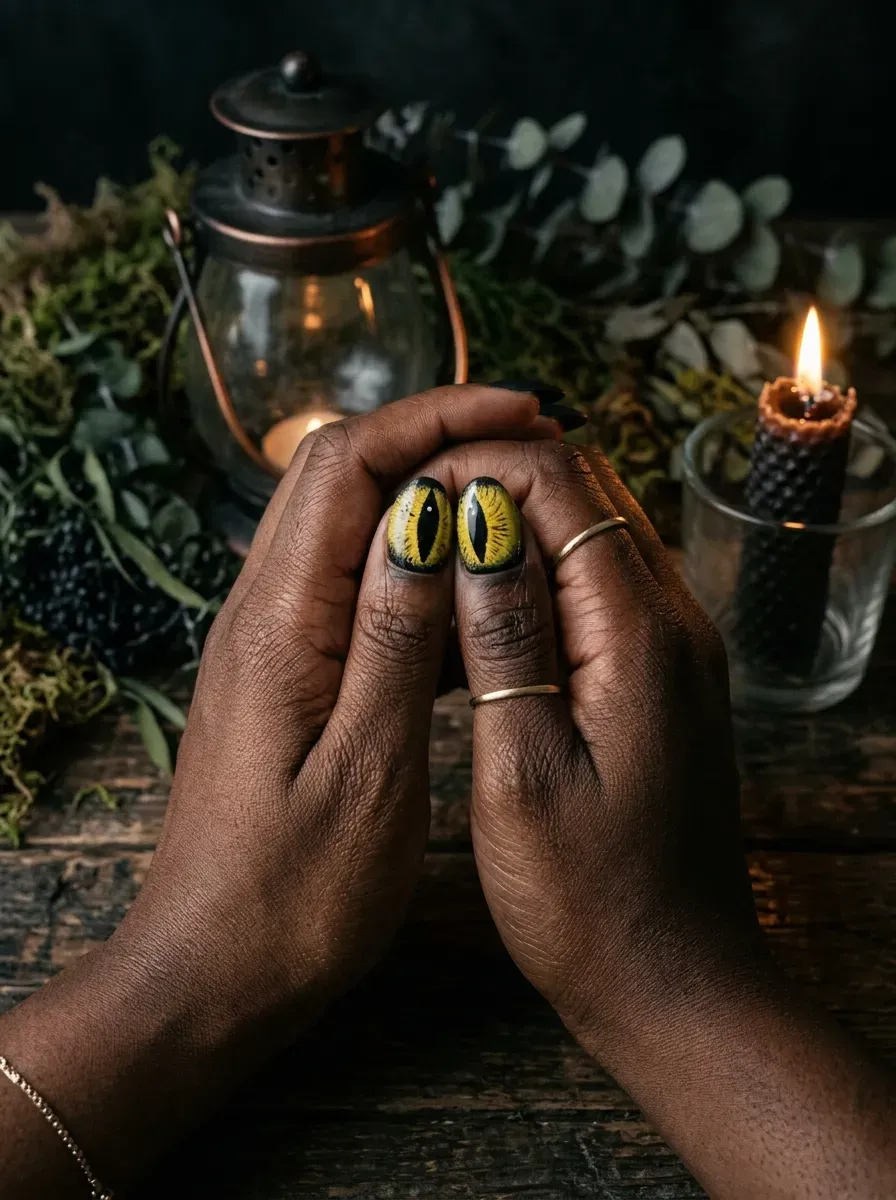 Two accent nails each with one half of a large painted eye design in yellow and black on deep brown skin and rich dark skin tone