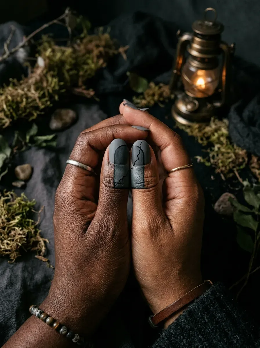 Two accent nails together forming one grey tombstone silhouette with a shared crack line on deep brown skin and warm brown skin