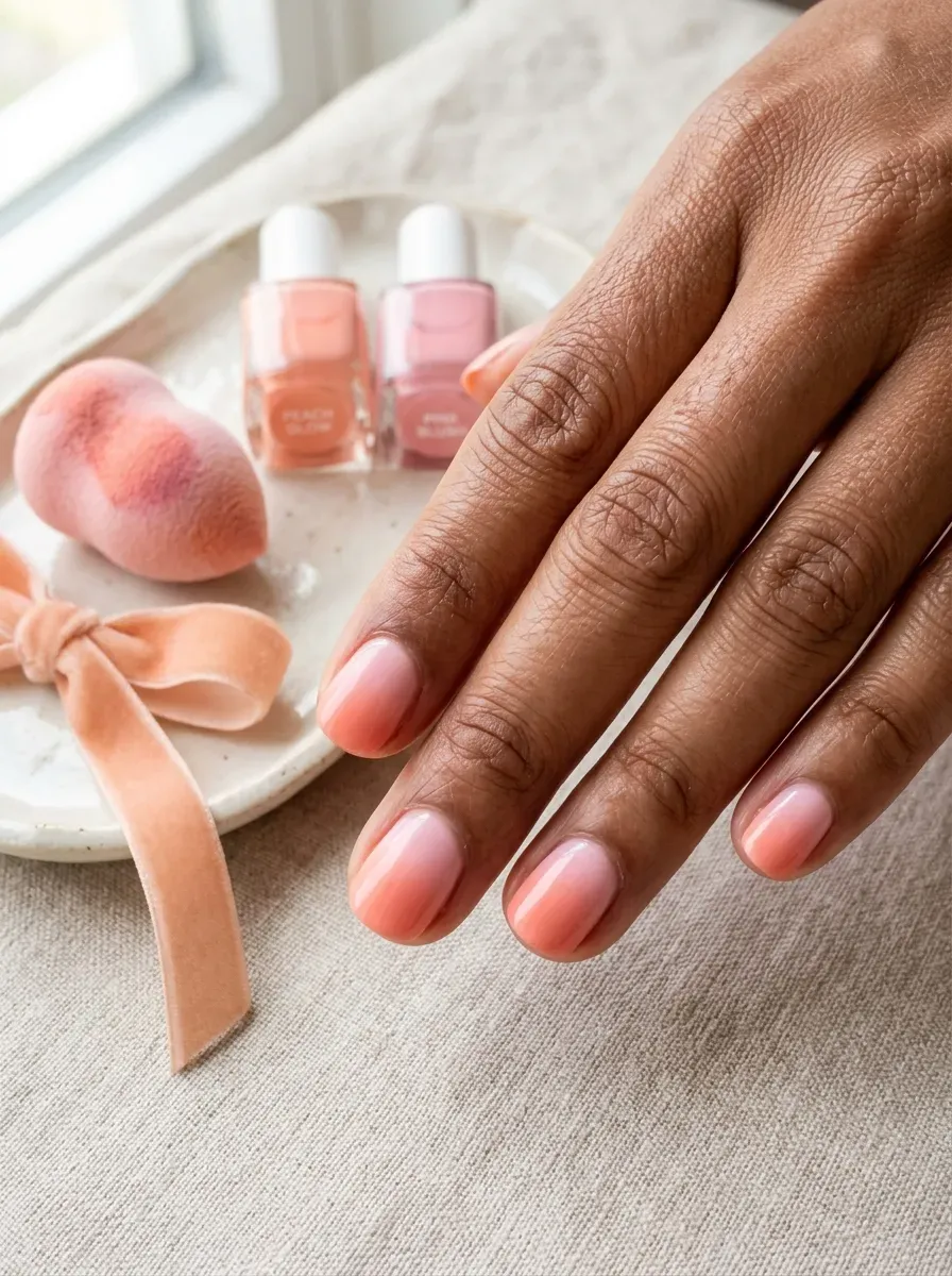 Pink and peach ombre polish blended across short nails on brown skin