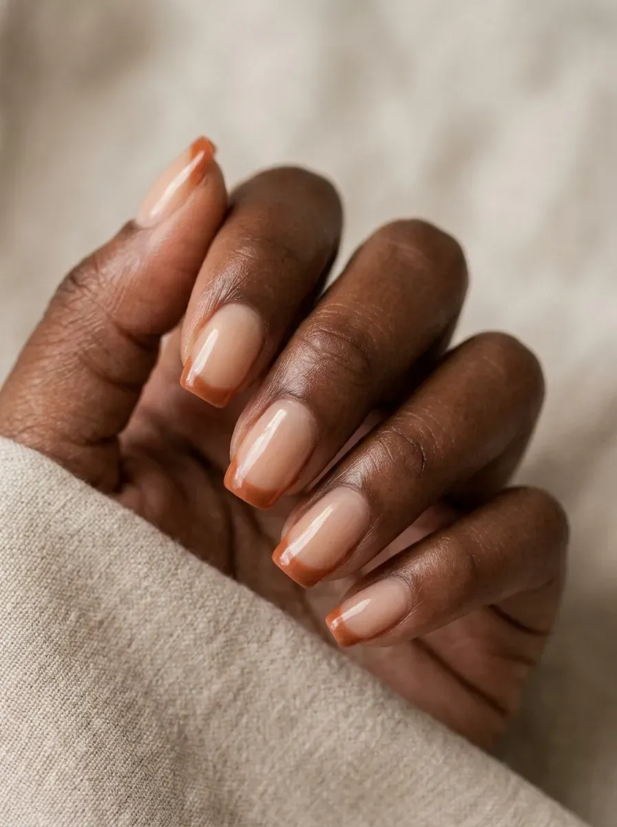 Squoval nails with a soft burnt orange French tip finish
