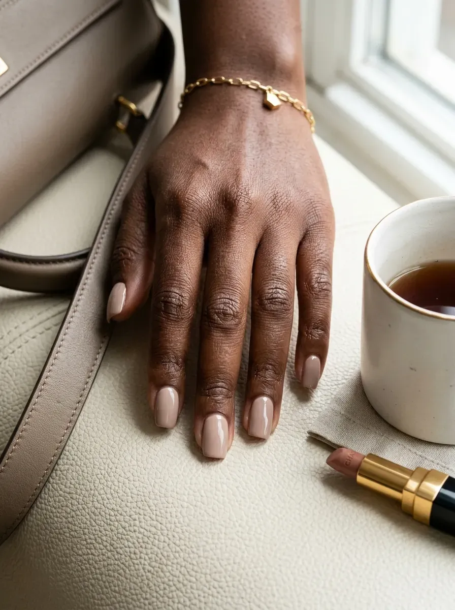 Squoval nails with translucent nude base and narrow ivory French tips