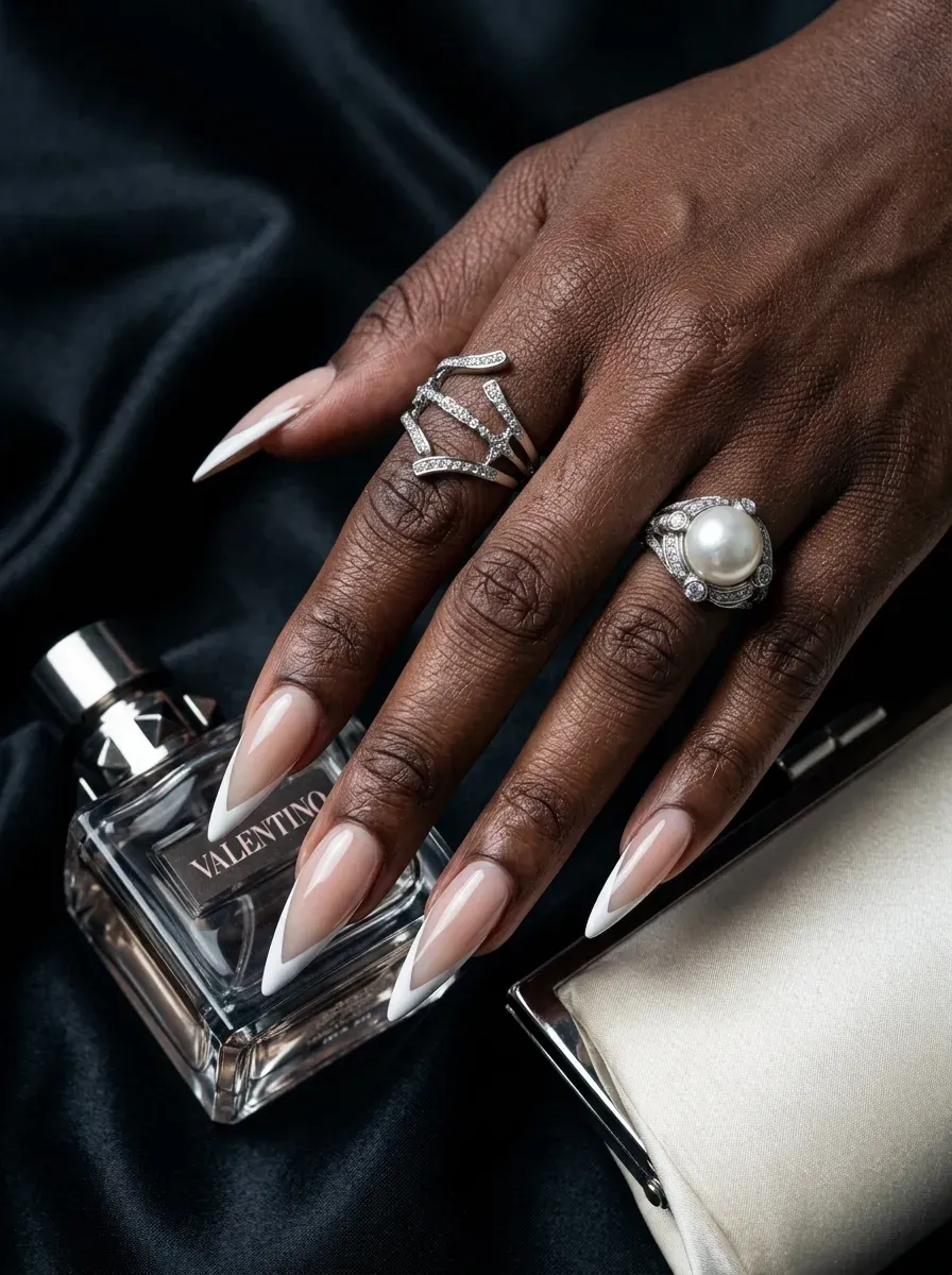 Stiletto nails with soft white ombré fading into nude base