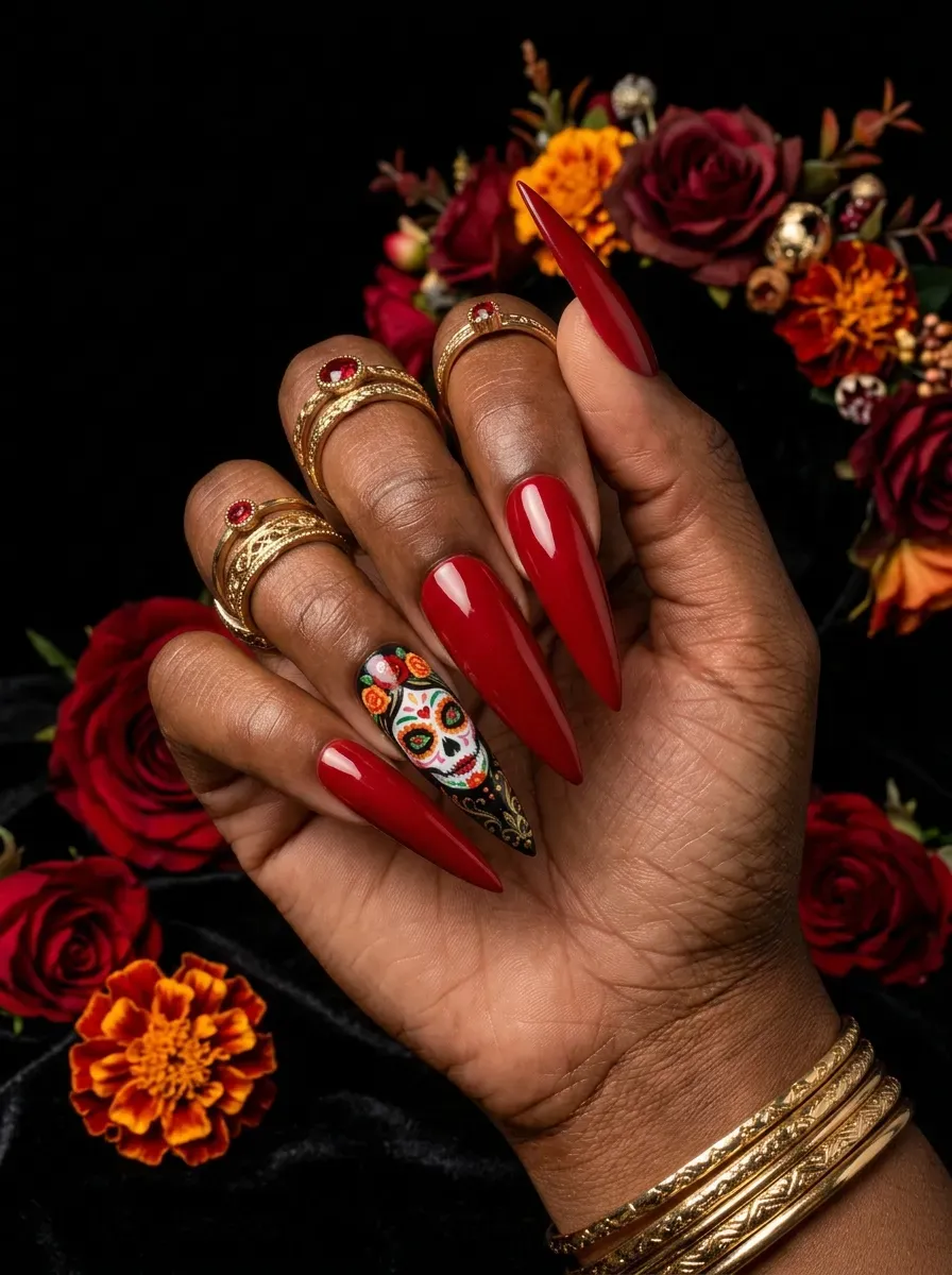 Long stiletto nails with bold full Catrina inspired nail art in red black and gold on deep chestnut skin