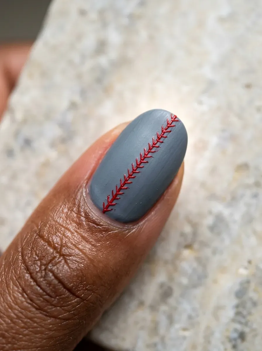 Nail art depicting a hand-painted stitched seam across the nail bed
