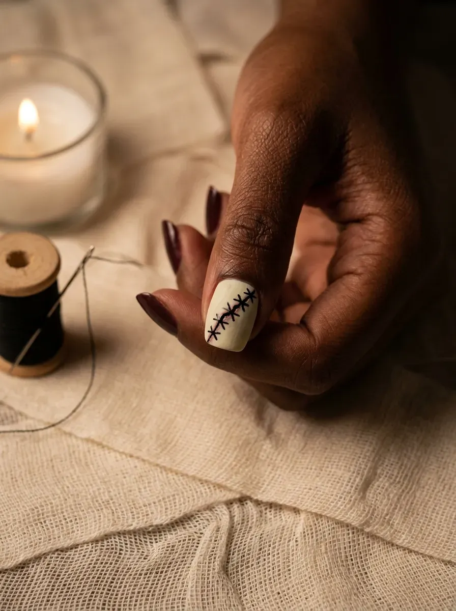 Close-up of a black-stitched wound nail art accent on deep chestnut skin
