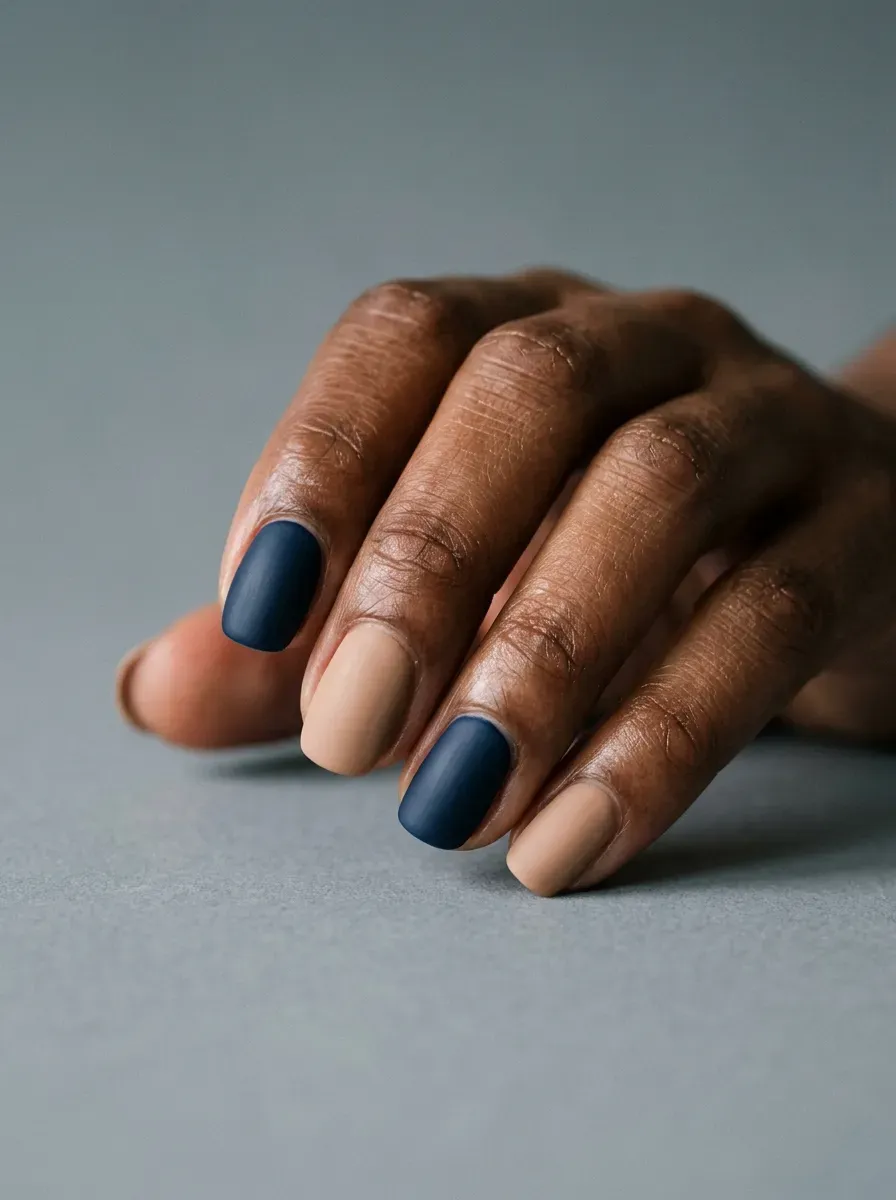 Alternating nude and navy matte nails on one hand