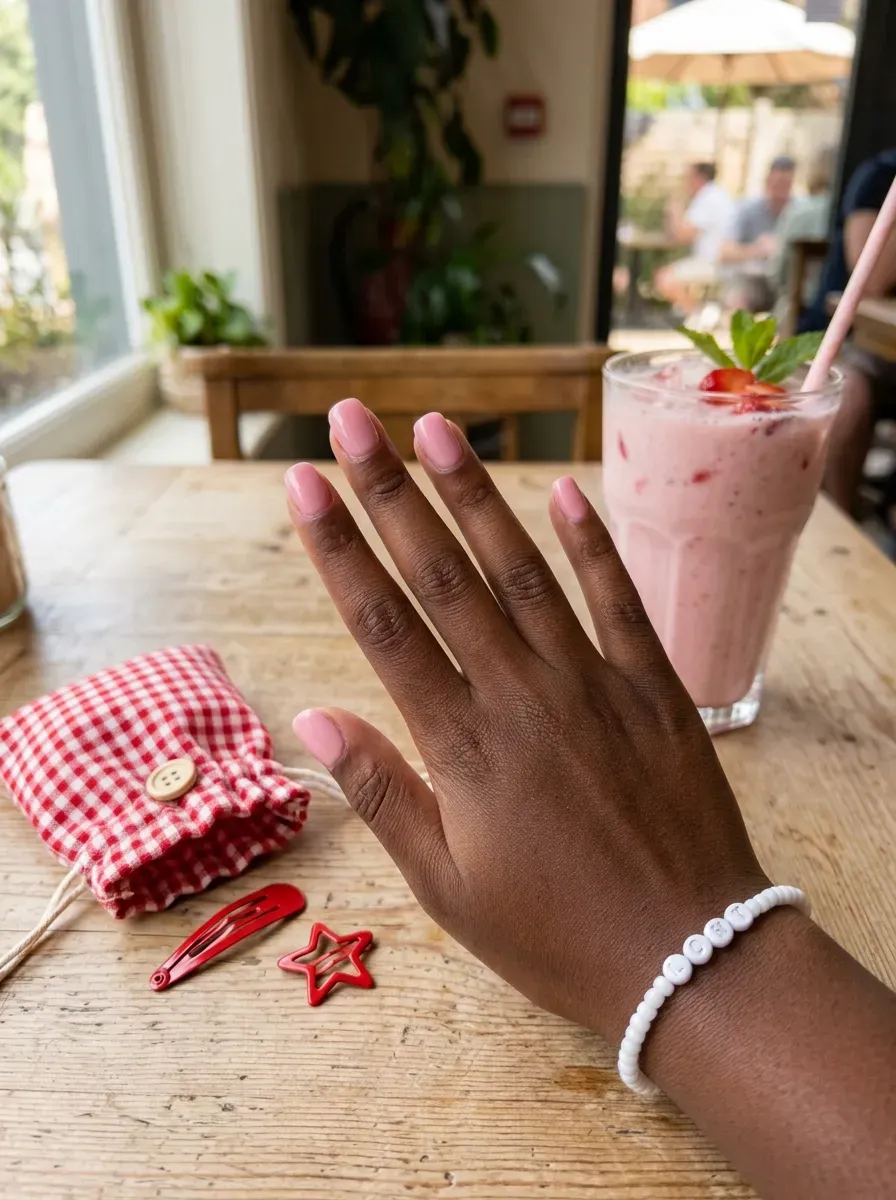 Short squoval nails painted with soft strawberry milk pink polish