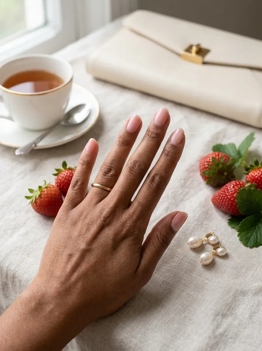 Milky pink short nails with translucent strawberry tone on warm skin