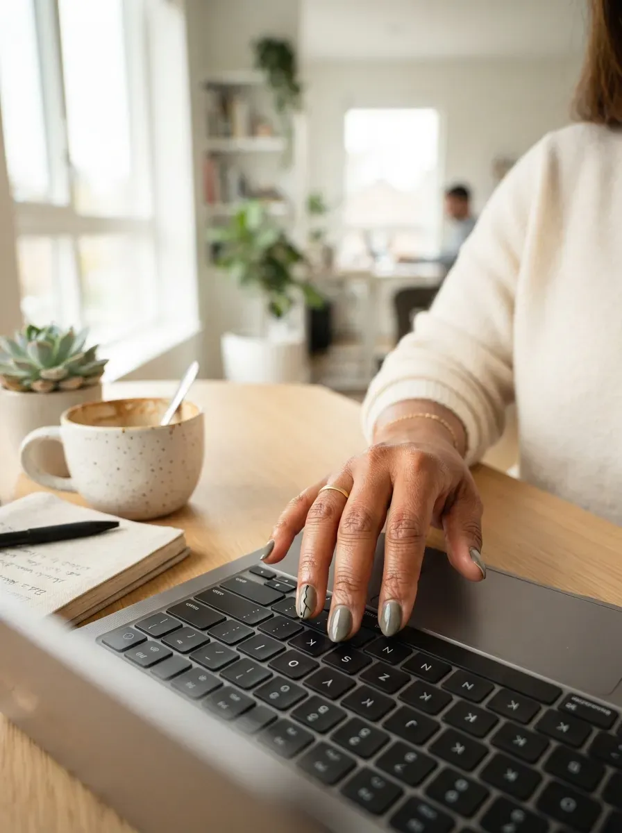 Hand with muted grey-olive nails and one tiny crack detail typing at a desk