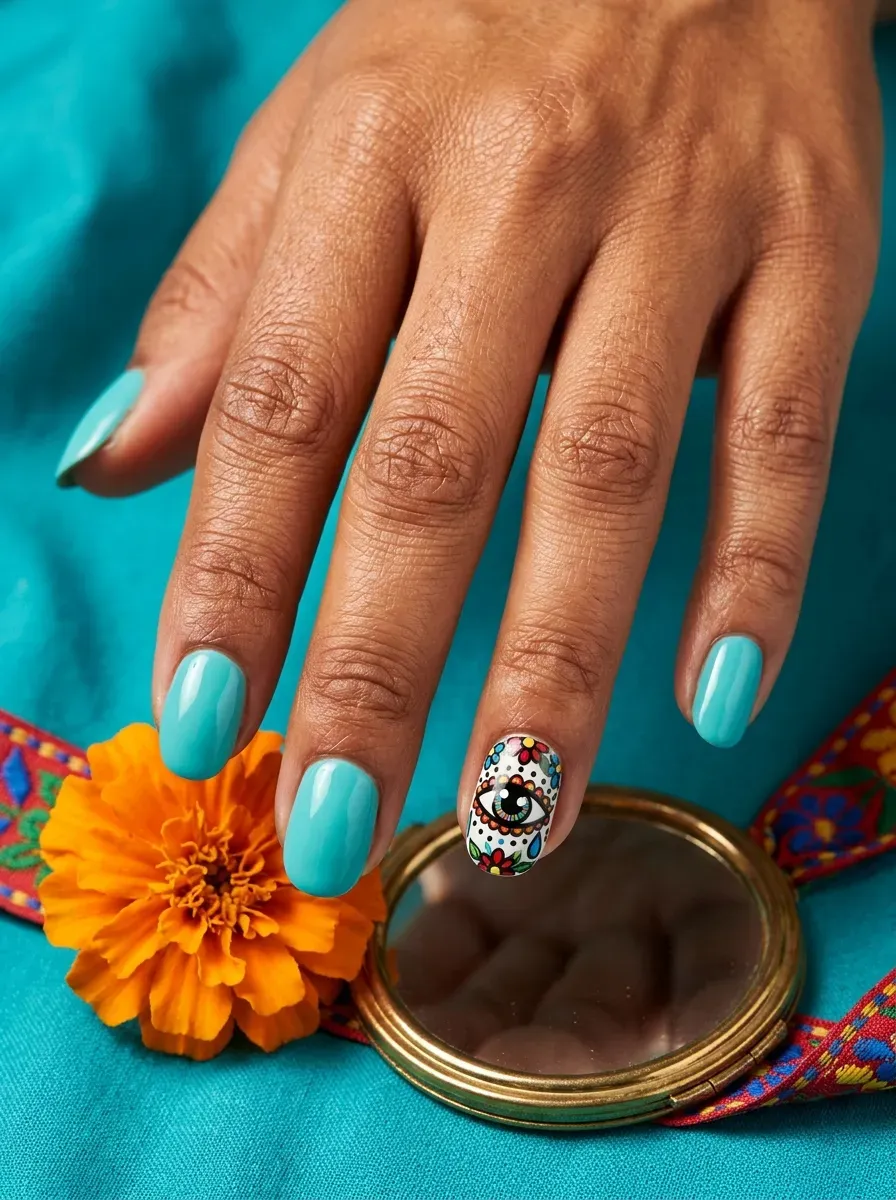 Nails featuring one large painted sugar skull eye with floral detail as the sole accent on warm brown skin