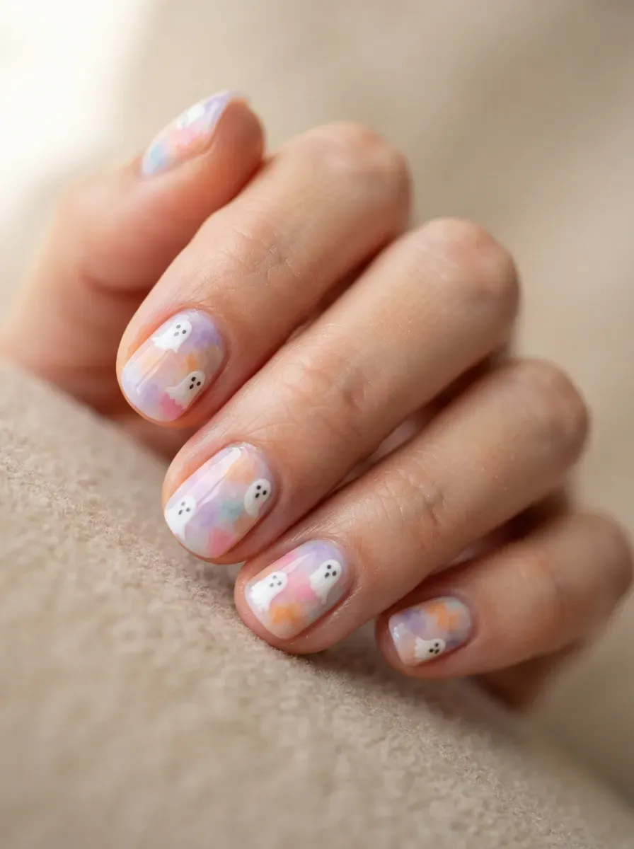 Short nails with pastel tie dye bases and tiny white ghost accents