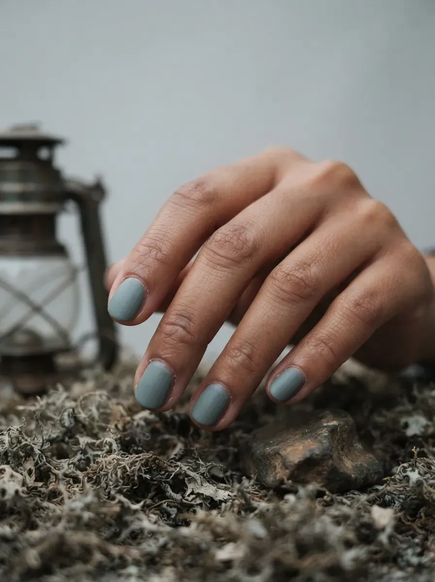 Close-up of flat ashy grey undead skin tone nail polish on warm brown skin
