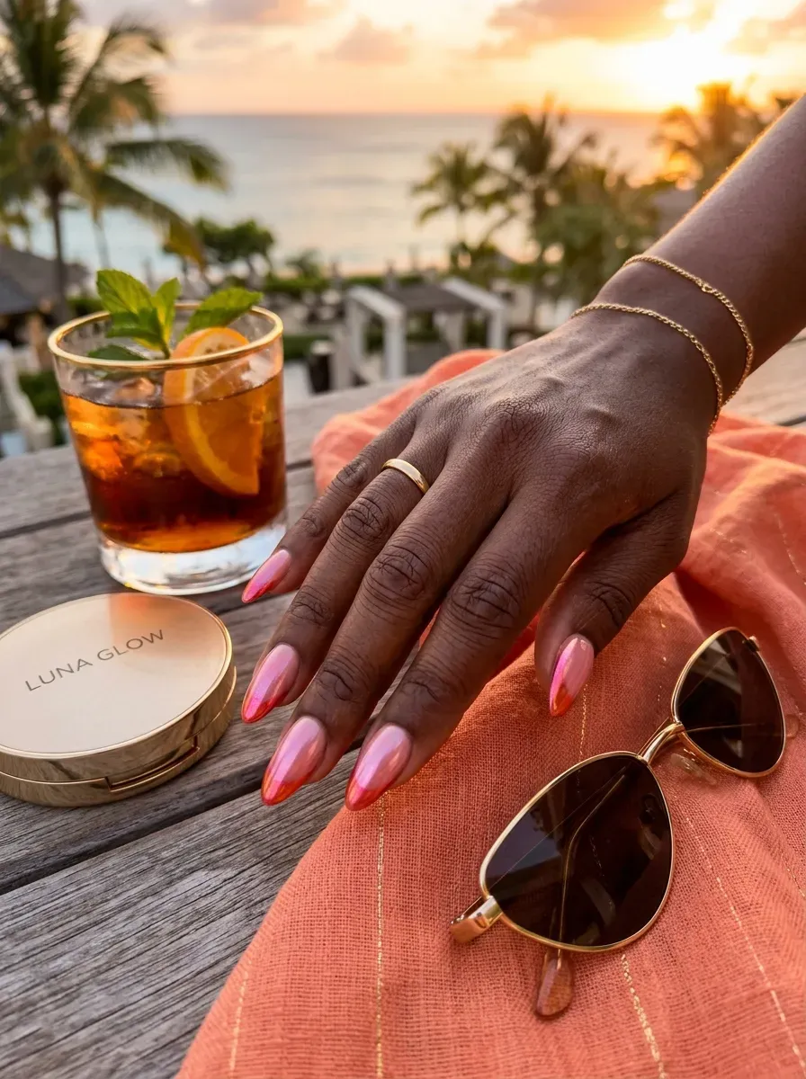 Pink orange chrome French tips on almond nails with rich brown skin