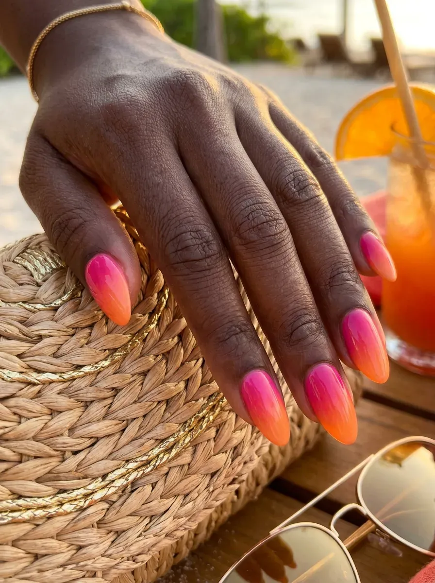 Pink orange sunset ombré on almond nails with rich dark skin