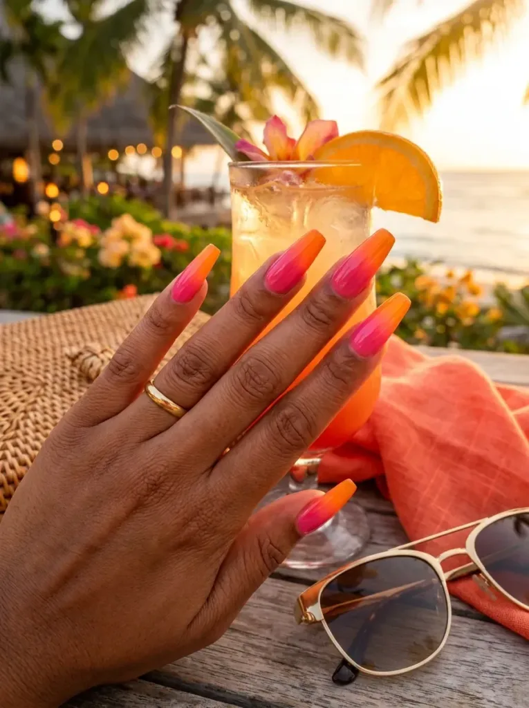 Long coffin nails with pink orange sunset ombré on warm brown skin