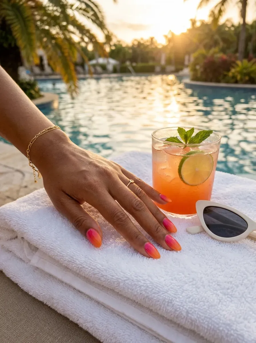 Pink orange and coral ombre nails photographed during poolside sunset