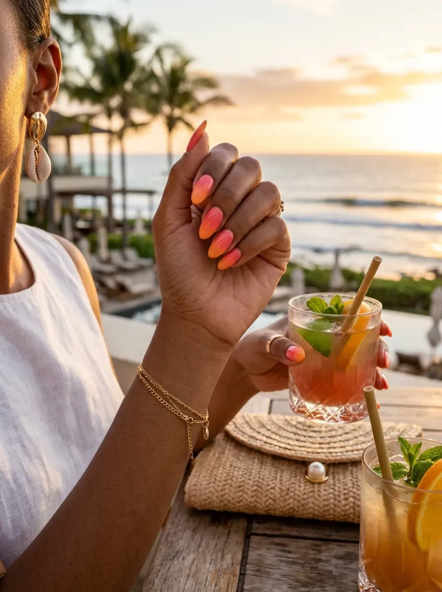 Pink to orange ombre nails on warm brown skin with sunset styling