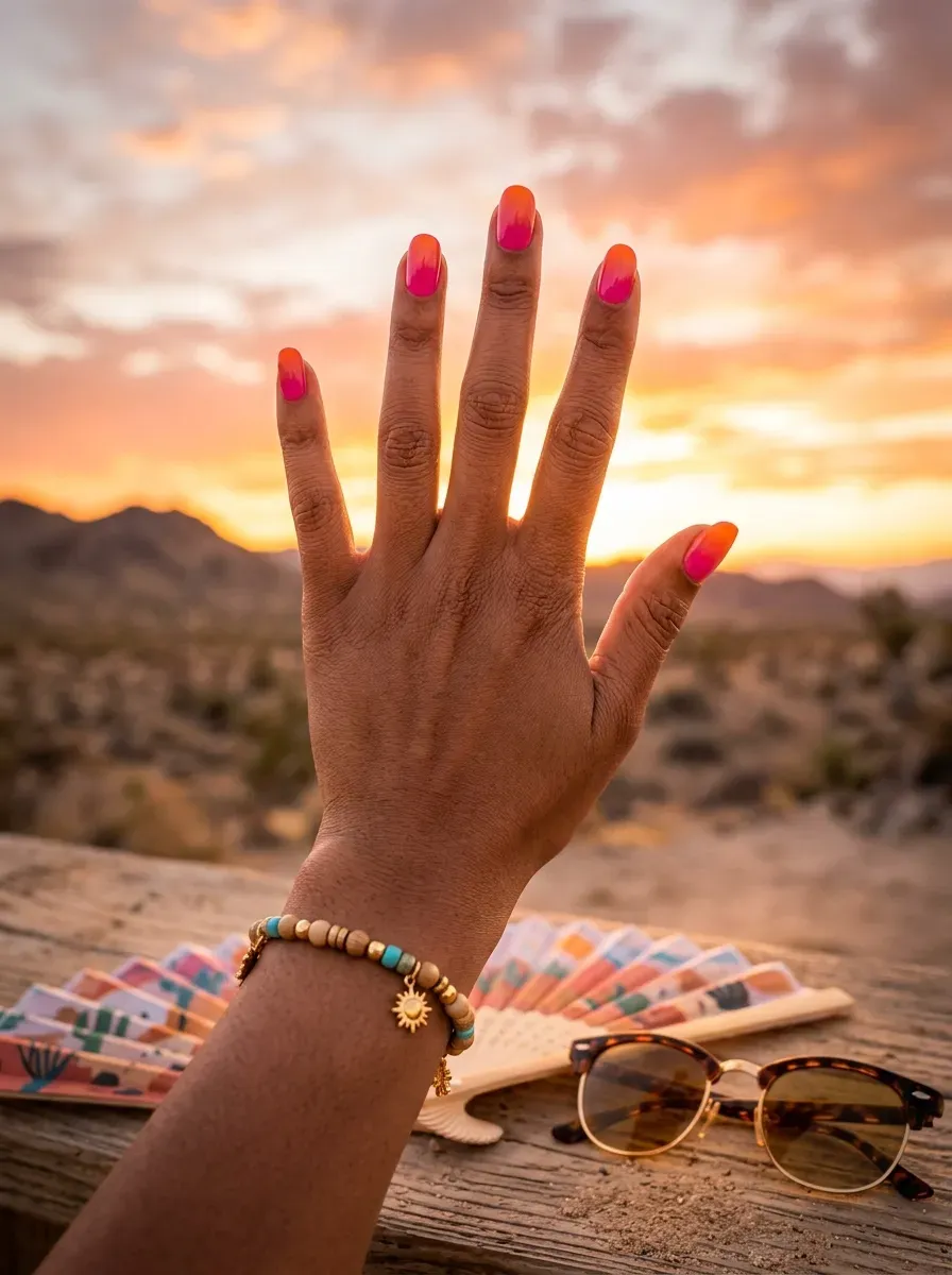 Nails with a bright ombre gradient moving from pink to orange resembling a sunset on brown skin with warm undertones