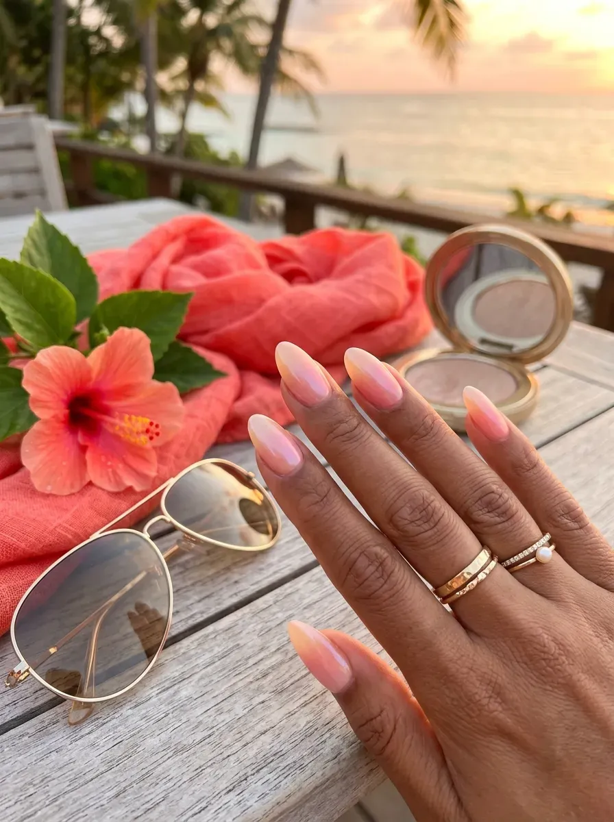 Peach pink pearl ombré almond nails on warm brown skin