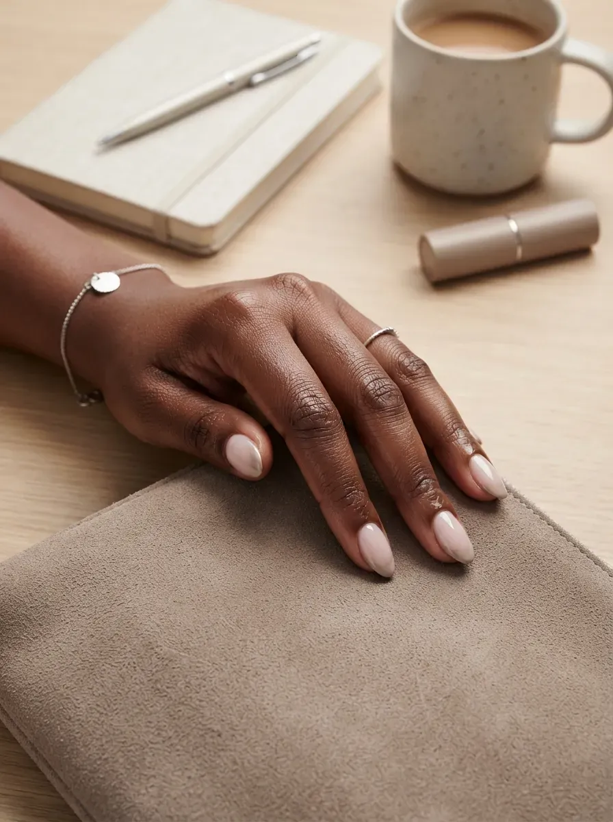 Taupe French tips on short almond nails over deep chestnut skin