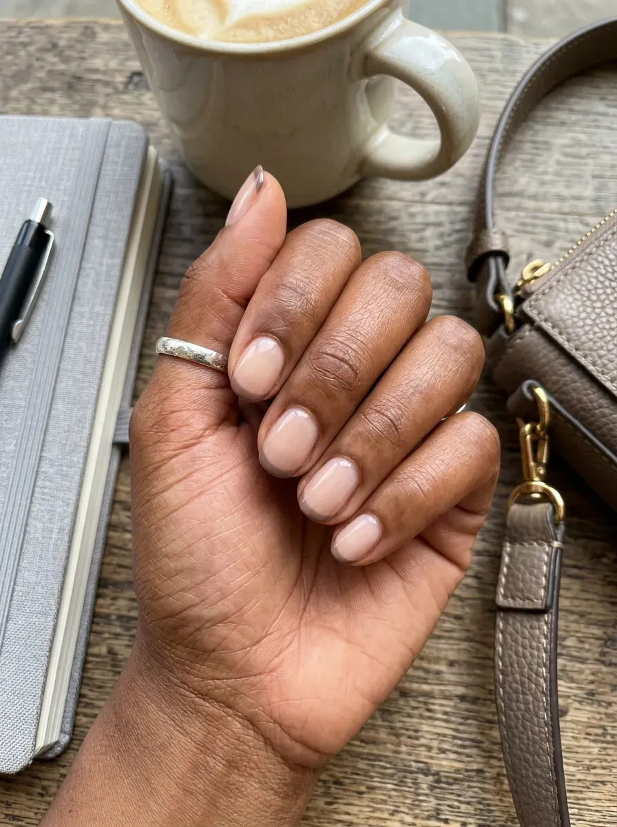 Sheer nude nails with fine taupe French tips on rich brown skin