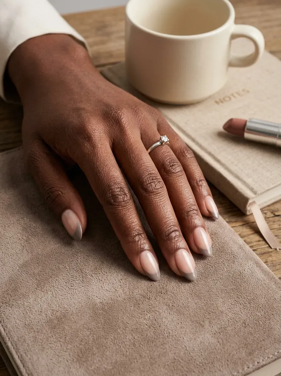 Taupe French tips on short almond nude nails with chestnut skin