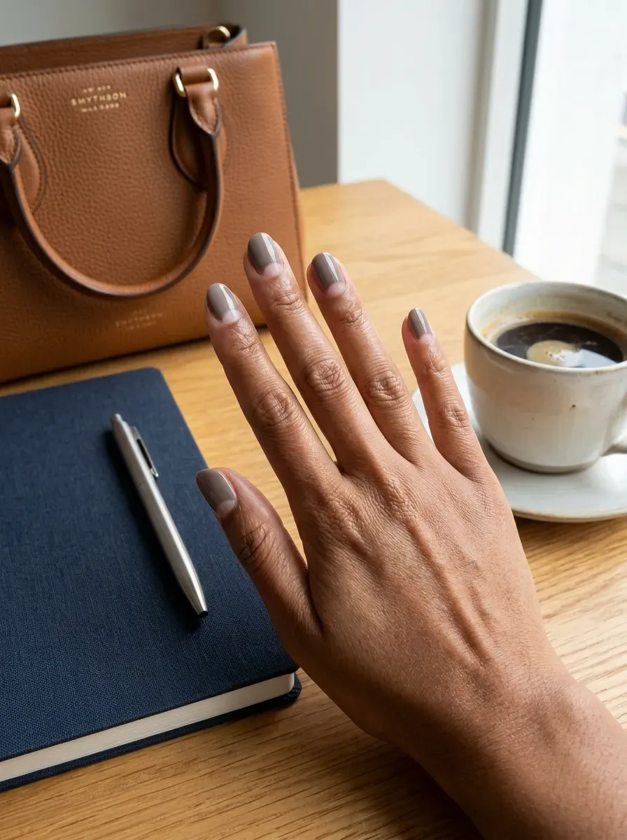 Short taupe nails with clear curved half moons near cuticles
