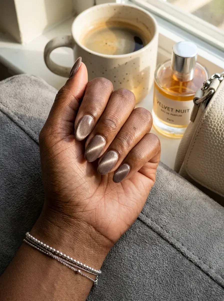 Taupe velvet cat-eye nails glowing softly on deep brown skin