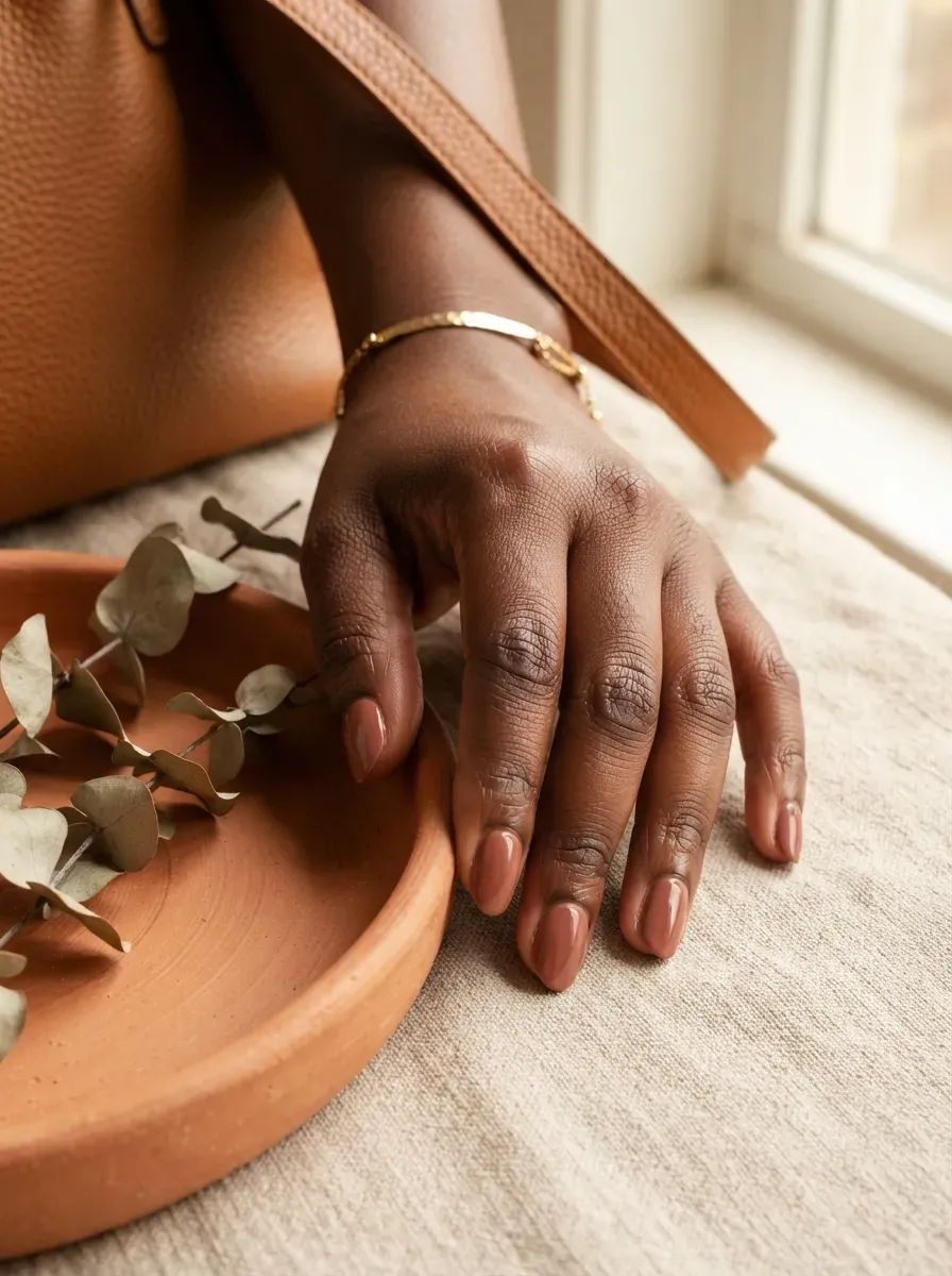 Terracotta deep French tips on oval nails with rich dark skin