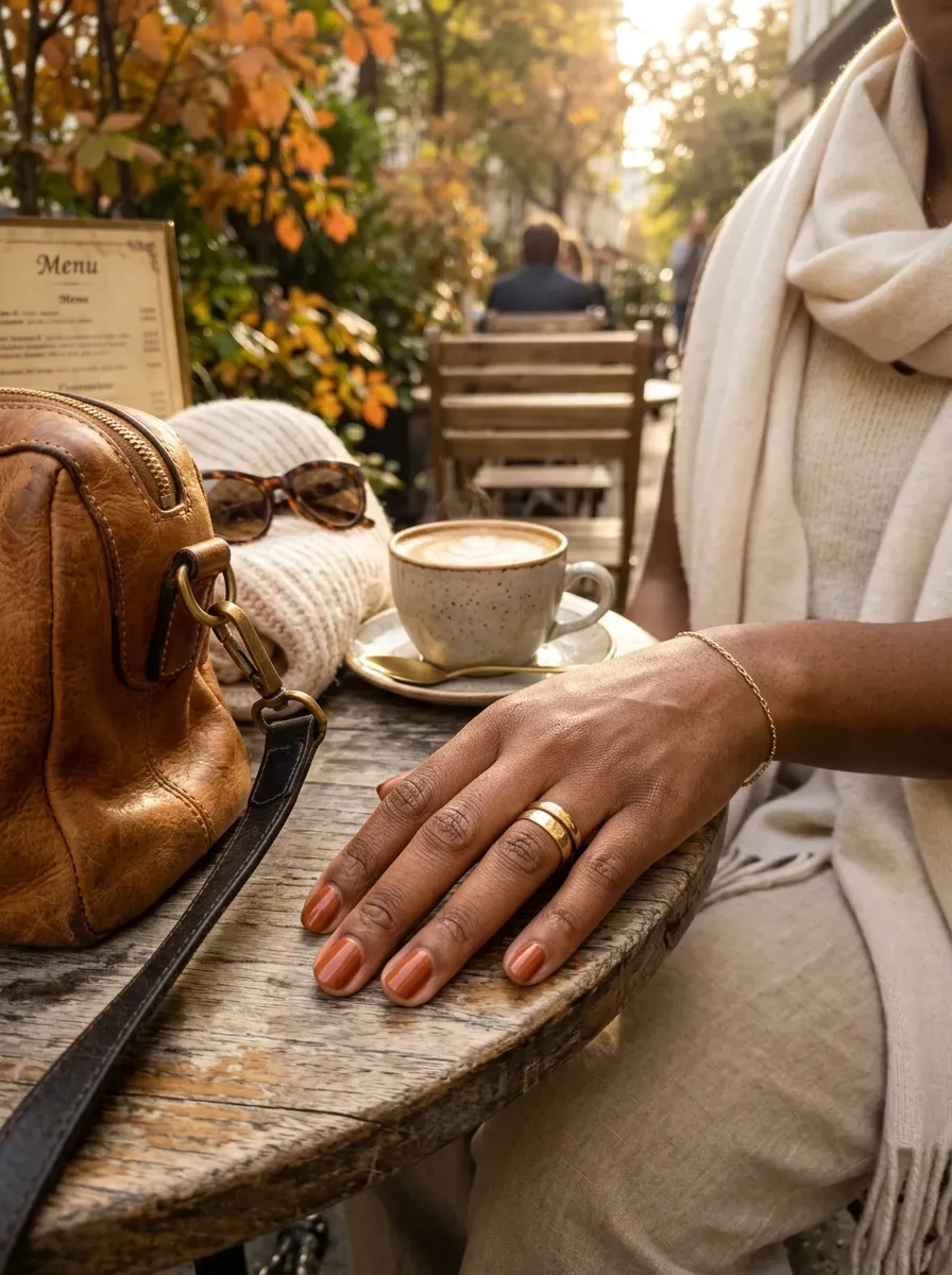 Short terracotta nails on brown skin with warm September travel accessories
