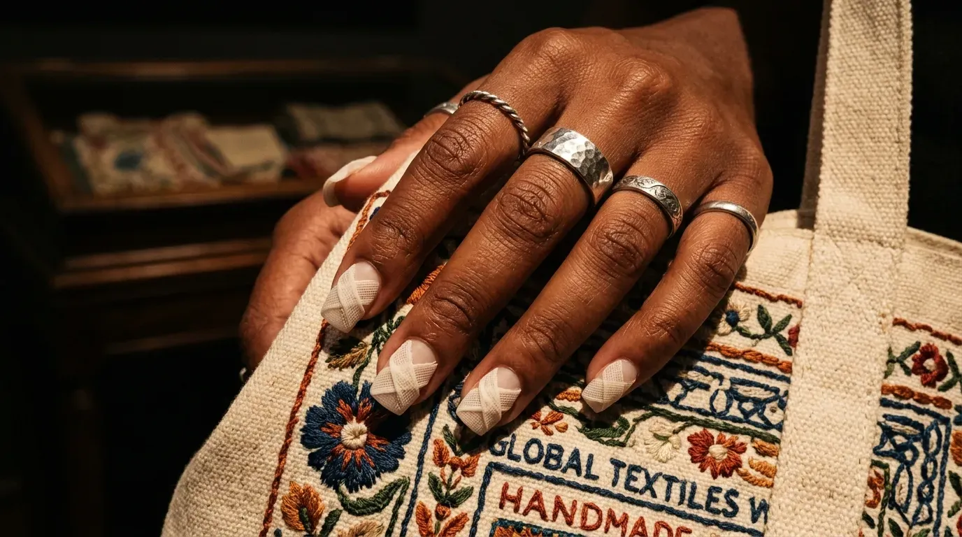 Off-white 3D textured mummy gauze wrapping design on short nails