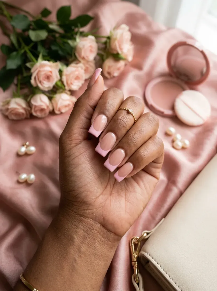 Broad baby pink French tips on square nails with brown warm skin
