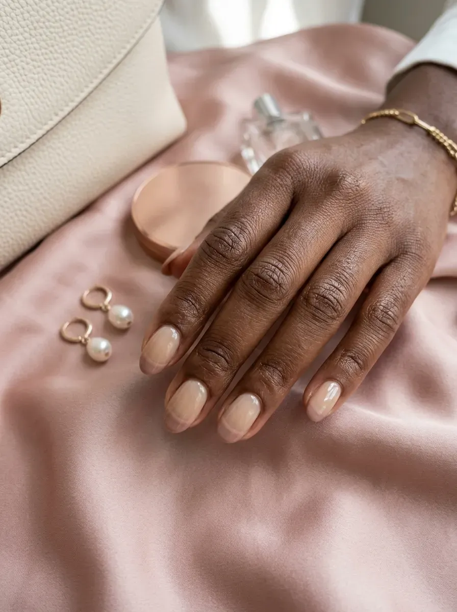 Wide blush French tips on oval nails over deep chestnut skin