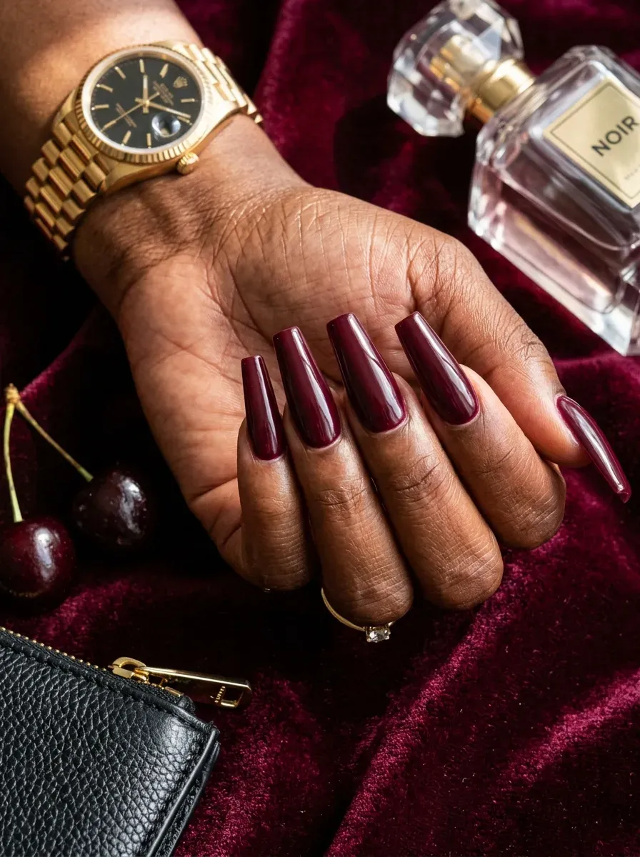 Broad burgundy French tips on coffin nails with rich dark skin