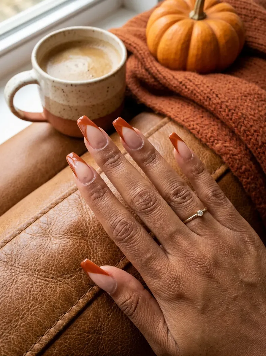Wide burnt orange French tips on coffin nails with warm brown skin