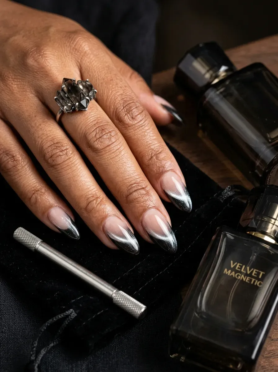 Broad magnetic cat eye French tips on almond nails with brown skin