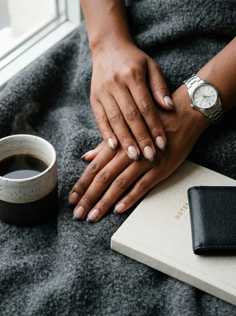 Wide charcoal French tips on oval nails with warm brown skin