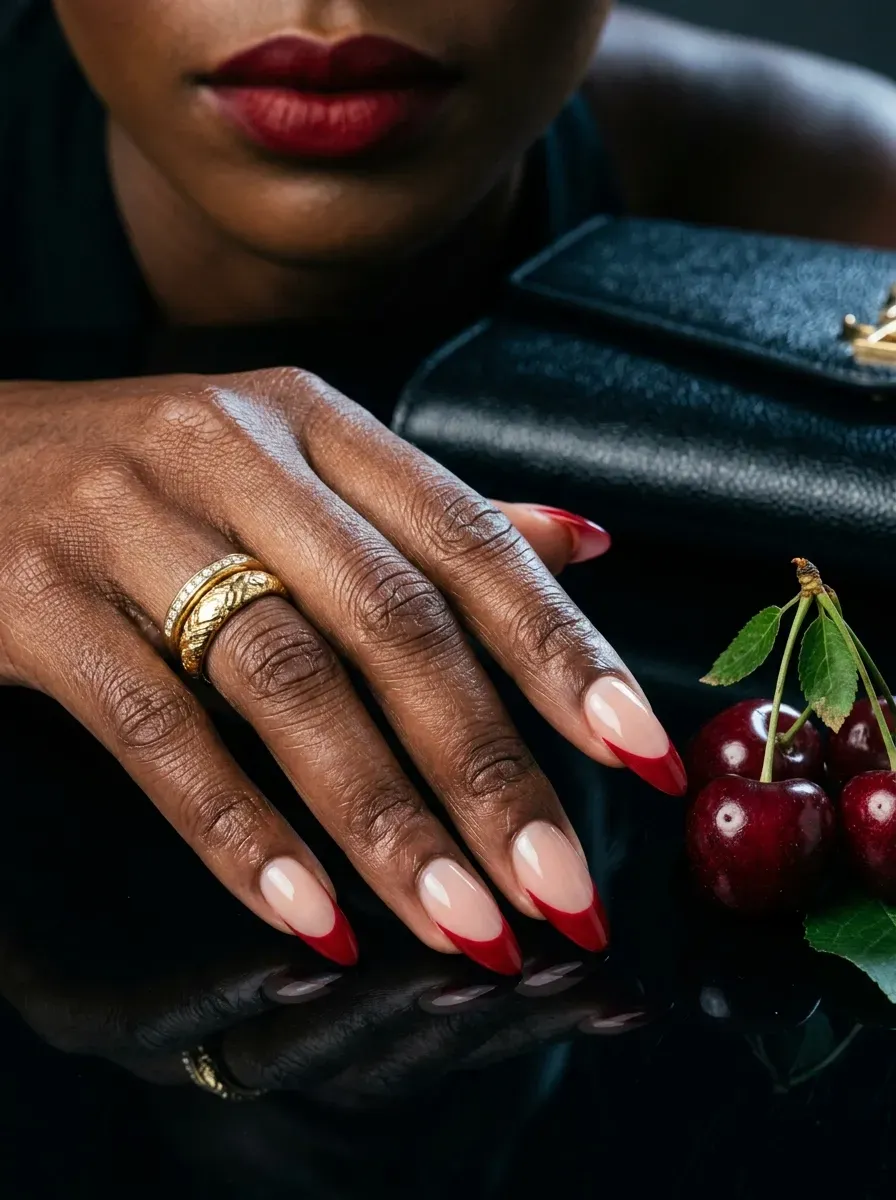 Thick cherry red French tips on long almond nails with deep skin