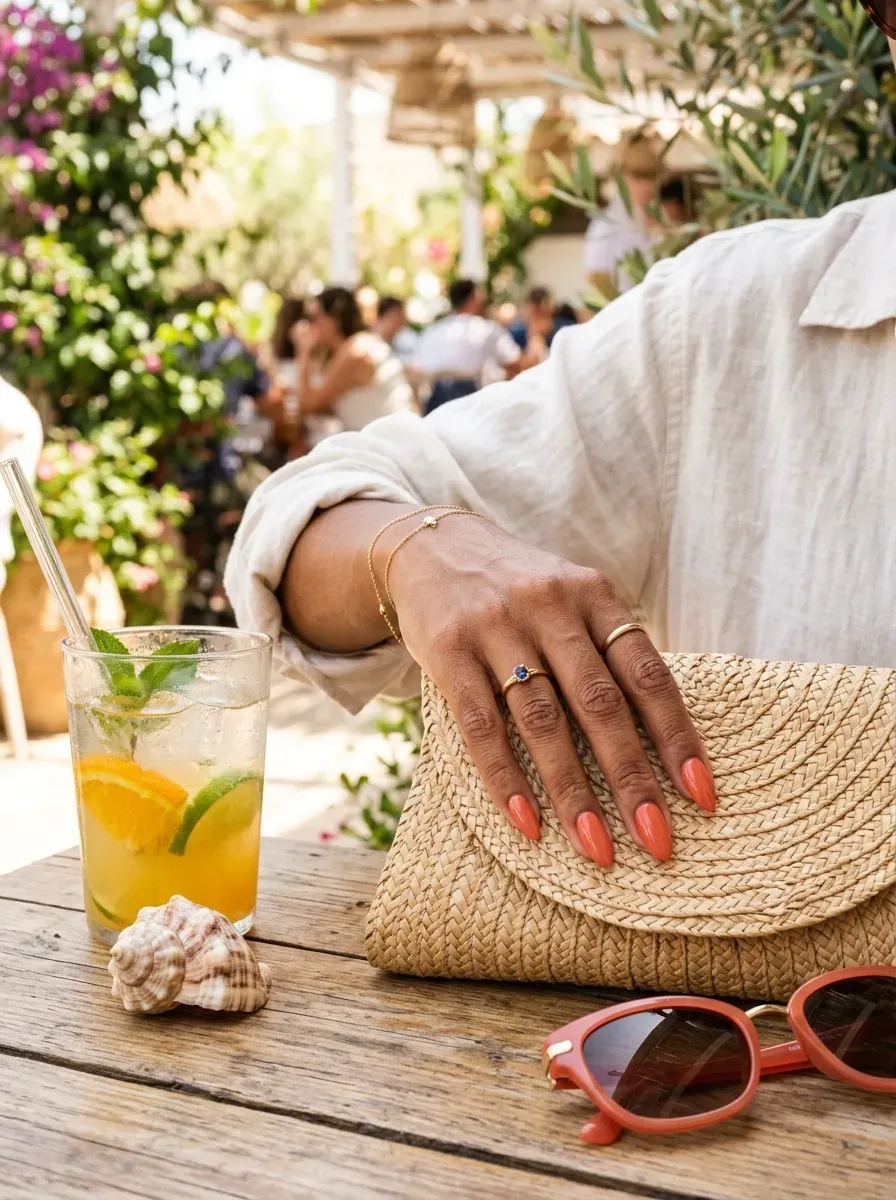 Broad coral French tips on almond nails with warm brown skin