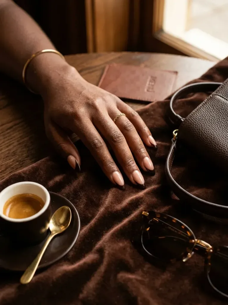 Broad espresso French tips on almond nails with deep brown skin