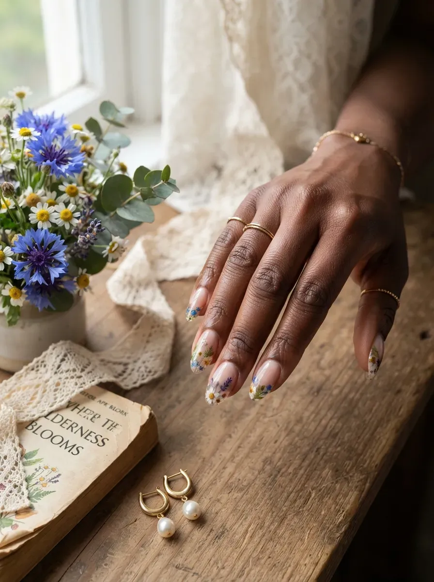 Wide floral French tips on almond nails with deep chestnut skin