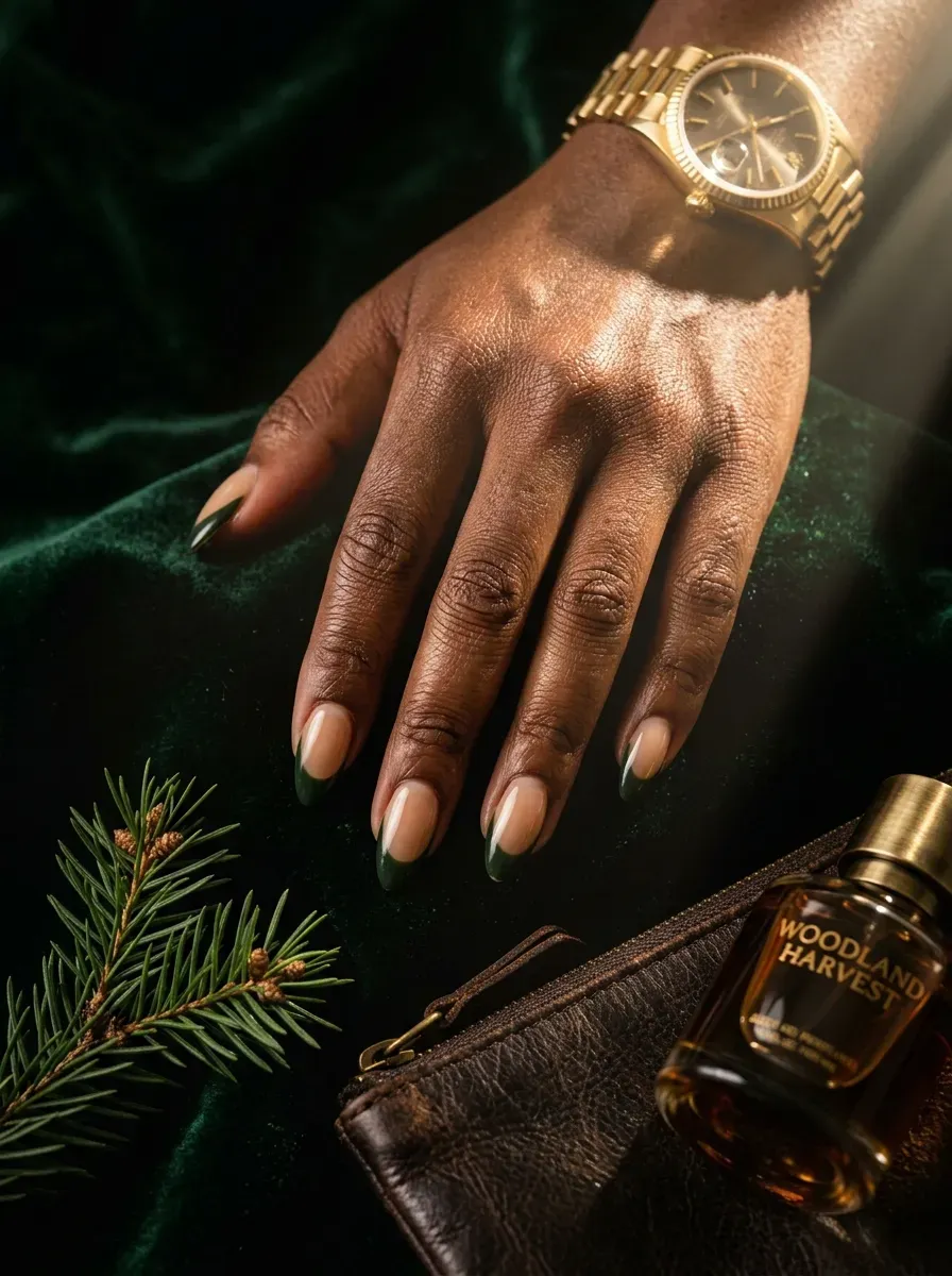 Thick forest green French tips on almond nails with rich dark skin