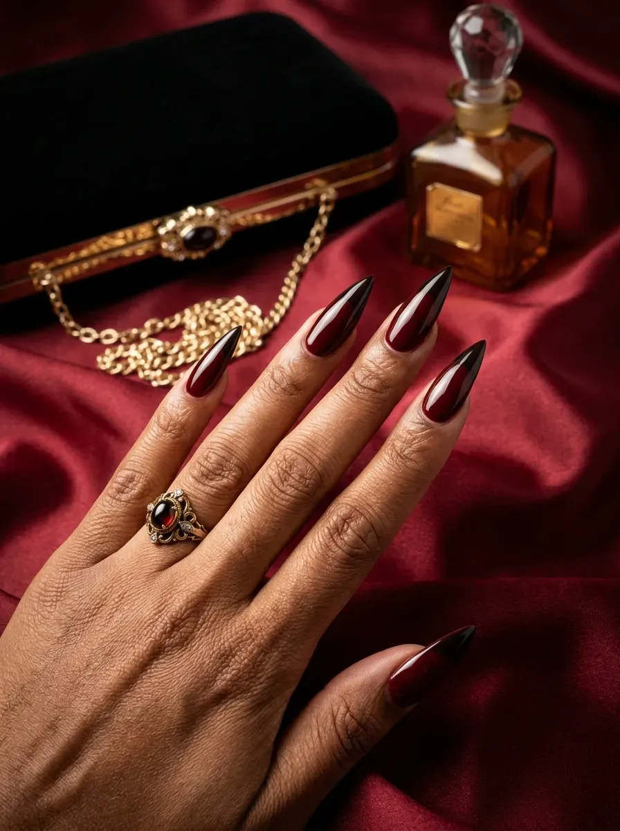 Long almond nails with wide curved white tips on rich dark skin