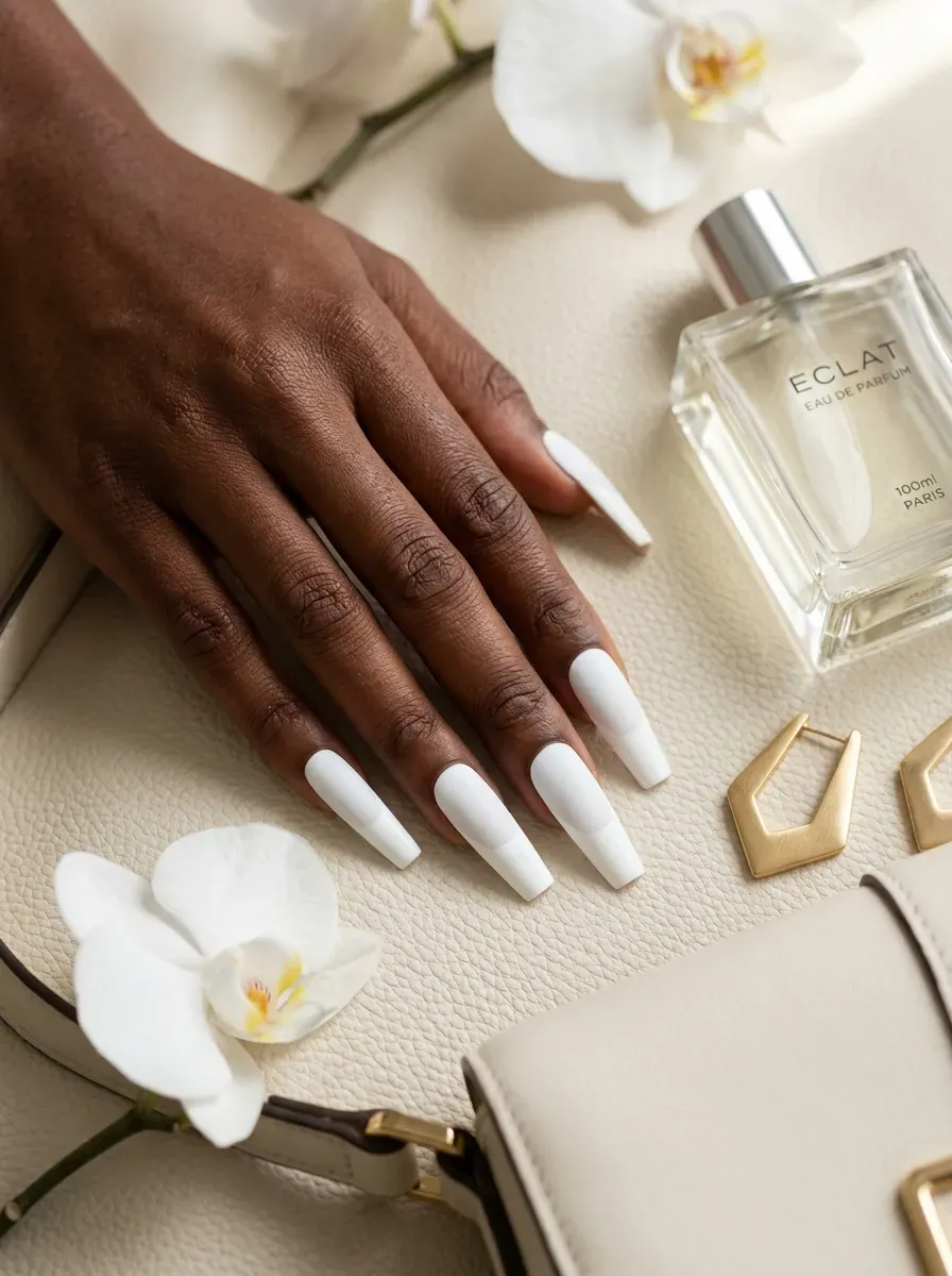 Long coffin nails with bold white French tips on chestnut skin