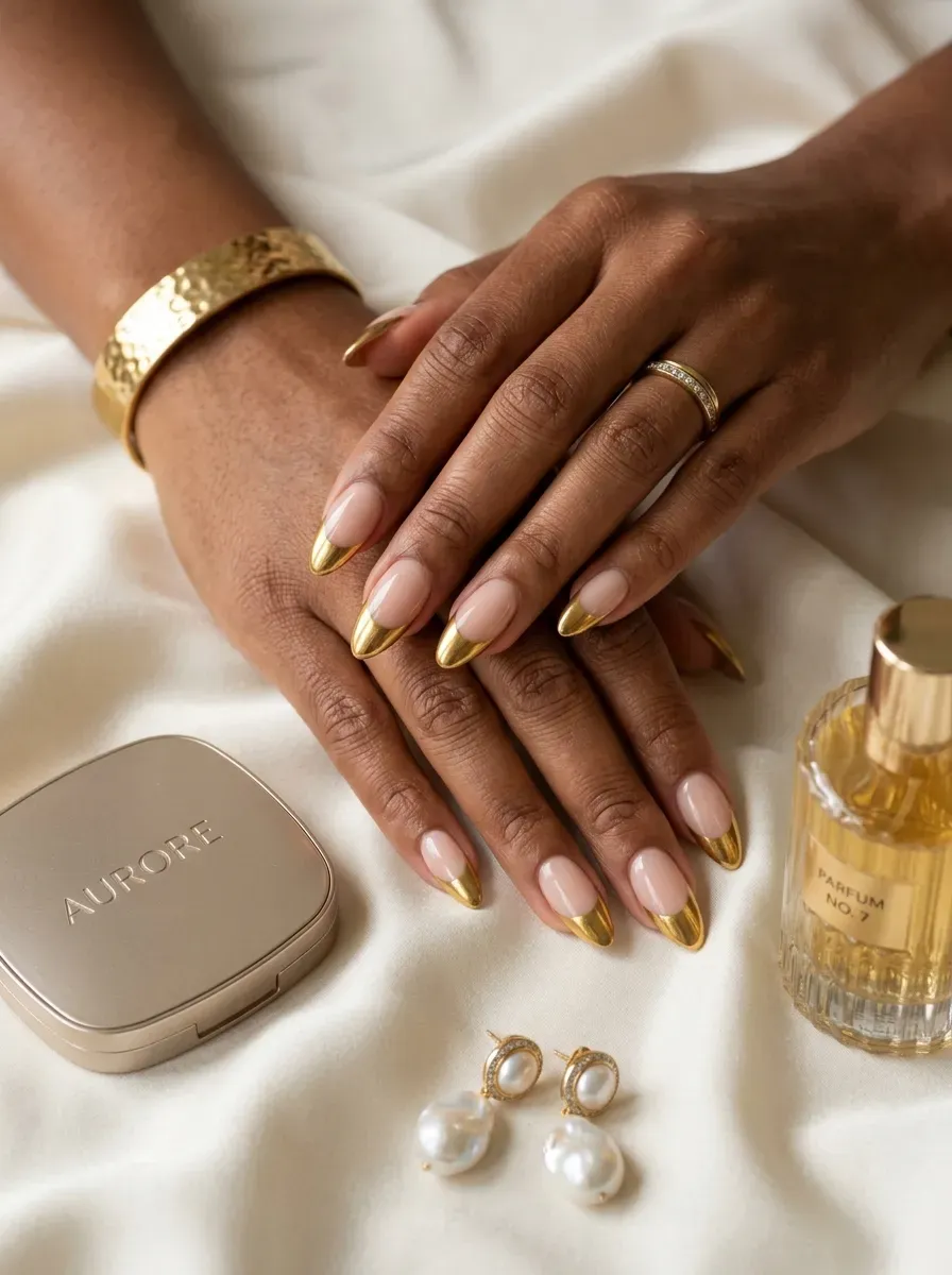 Wide gold chrome French tips on almond nails with warm brown skin
