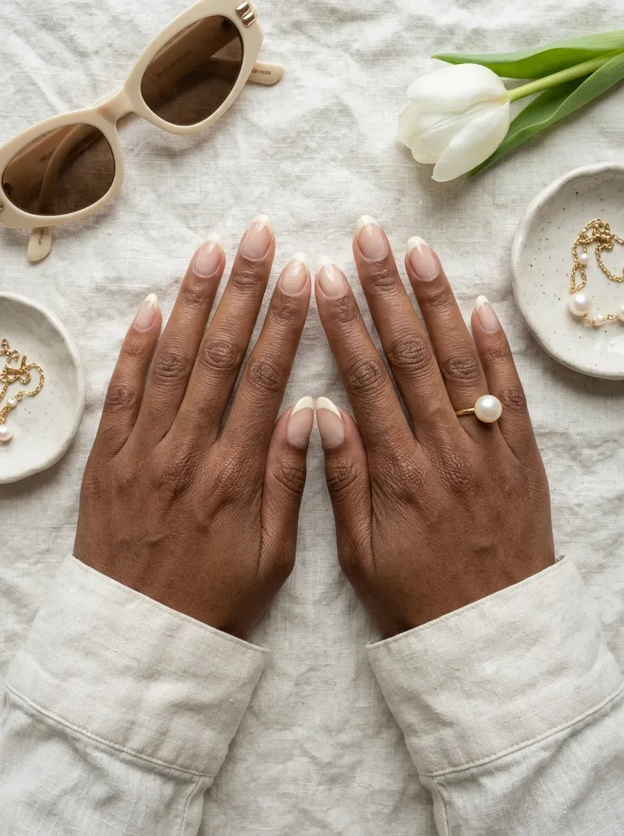 Wide ivory French tips on oval nude nails with warm brown skin