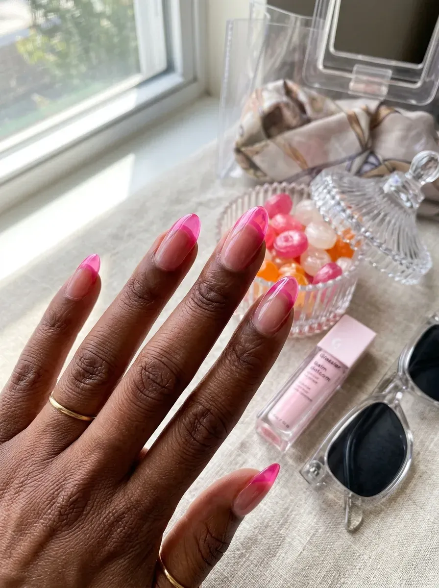 Wide translucent pink jelly French tips on clear almond nails