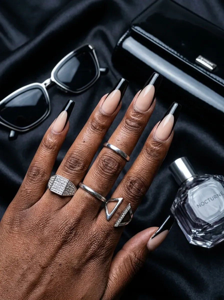 Thick black French tips on long coffin nails with deep brown skin